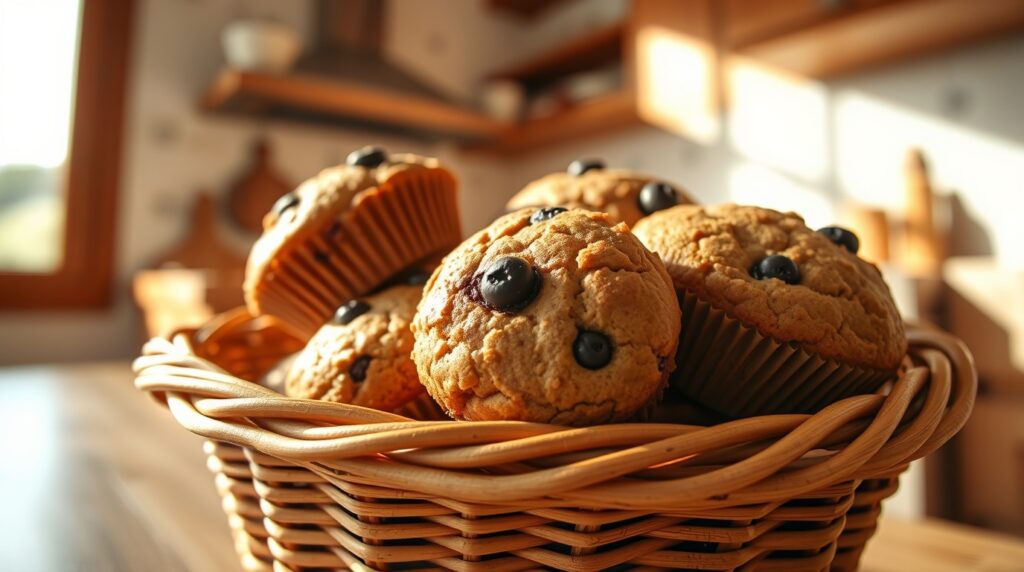 Assorted freshly baked muffins on a rustic wooden table with natural light.