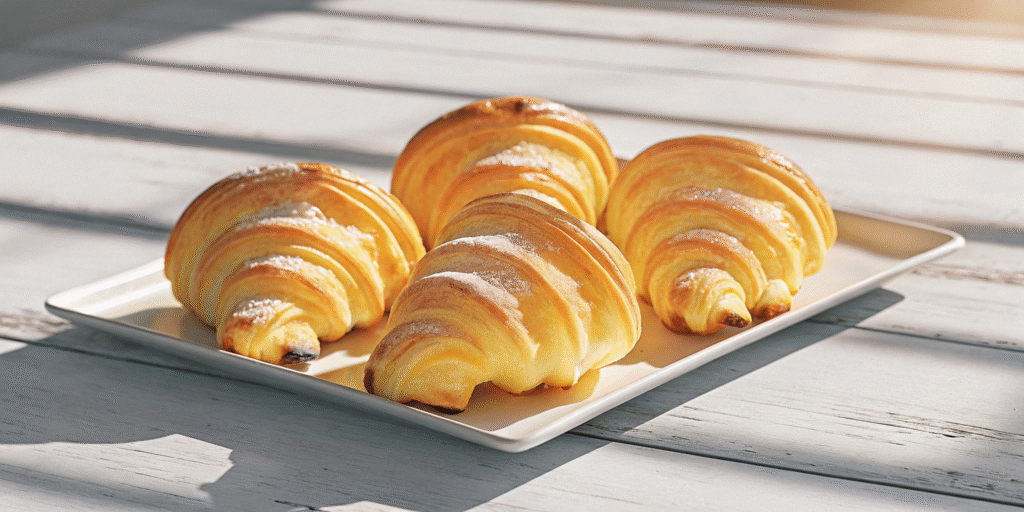 Close-up of golden crescent roll desserts filled with cream cheese and fruit.