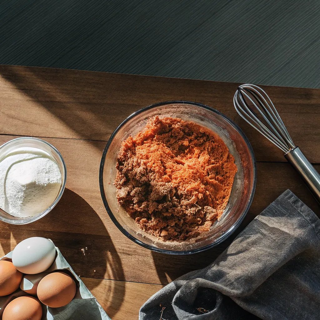 Freshly prepared carrot cake batter with visible carrots and spices in a mixing bowl