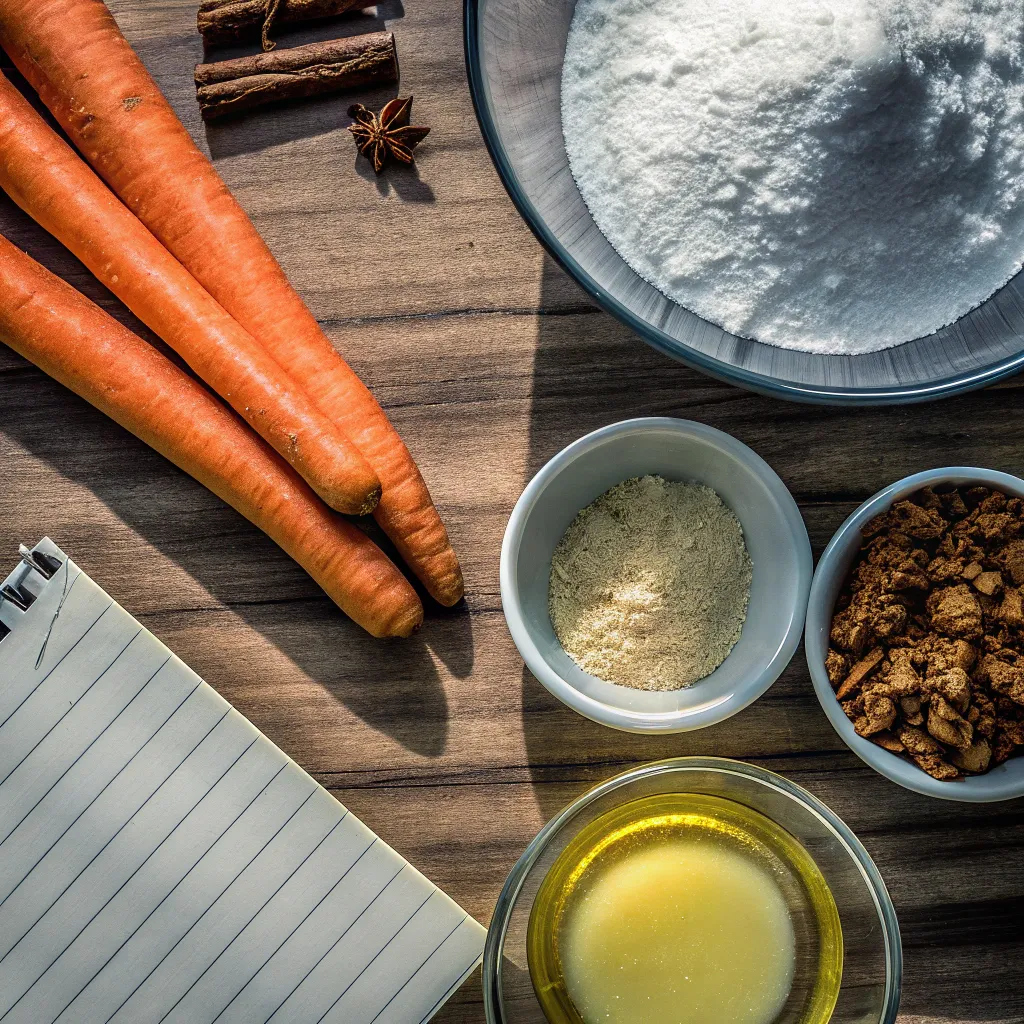 Essential carrot cake ingredients displayed on a wooden table with natural lighting"