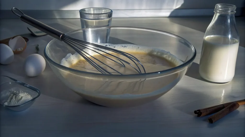 Glass bowl with whisked egg custard for French toast, surrounded by fresh ingredients.