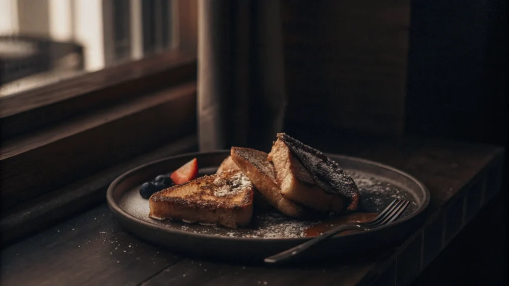 Golden crispy French toast with berries, maple syrup, and powdered sugar on a rustic plate.