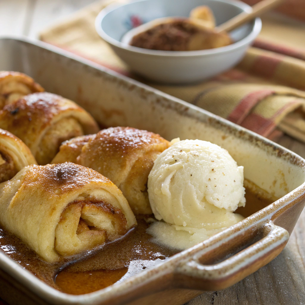 Crescent roll apple dumplings glazed with cinnamon syrup and ice cream