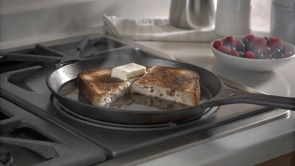 Golden brown French toast slices cooking in a cast iron skillet.