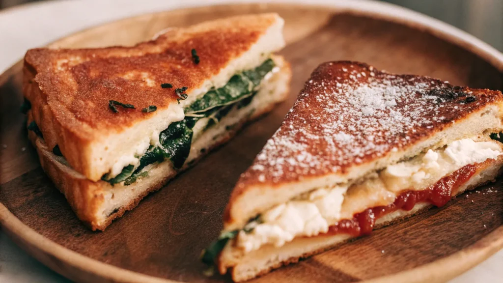 Savory and sweet stuffed French toast with cheese, spinach, and cream cheese filling.