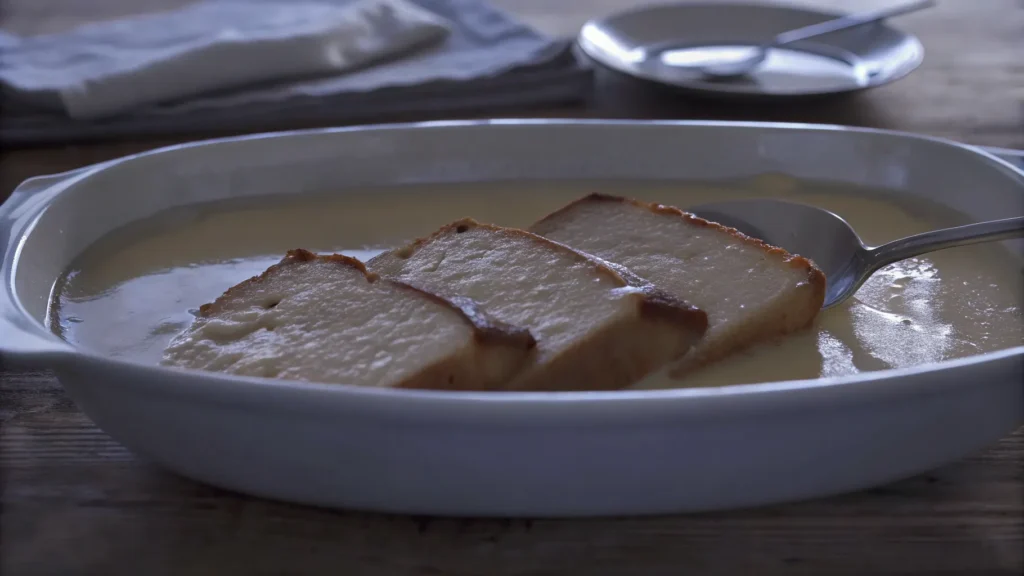 Thick slices of bread soaking in creamy French toast custard.