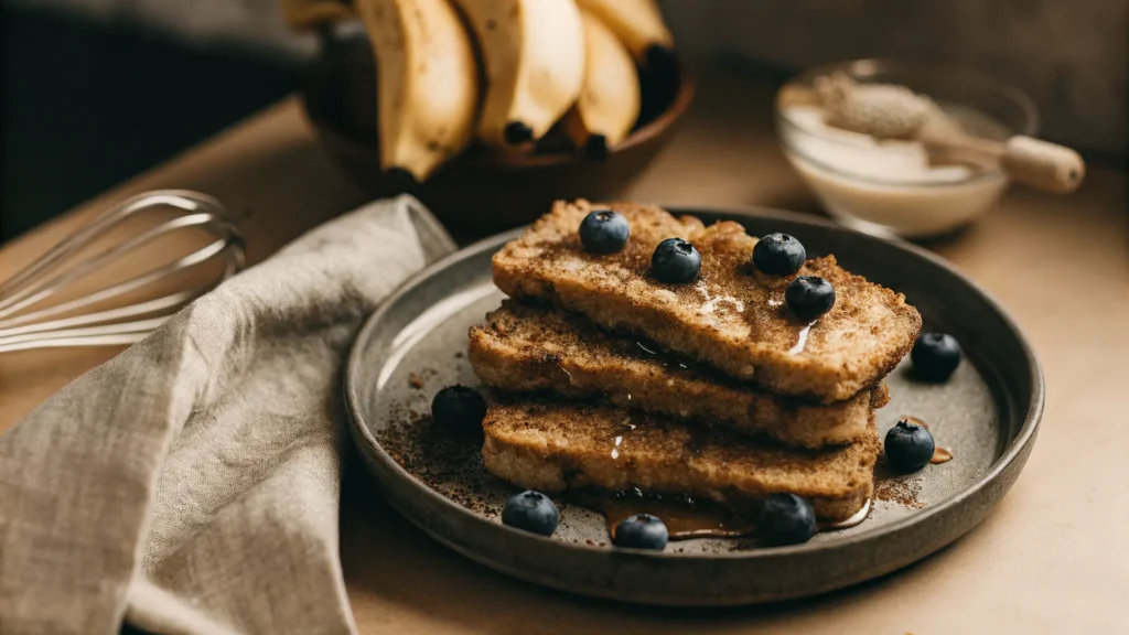 Golden vegan French toast made without eggs, topped with berries and maple syrup.
